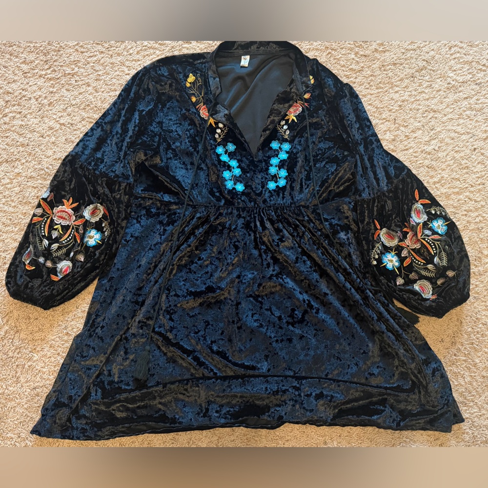 Boho Black Velvet Mini Dress with Floral Embroidery
